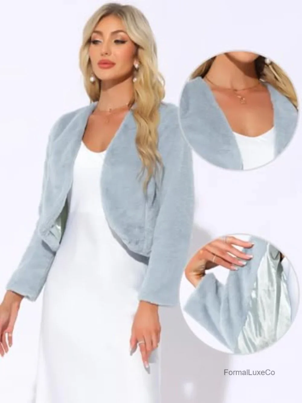 Womens Cropped Faux Fur Long Sleeve Wedding Bolero Shrug Coat